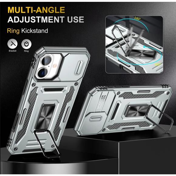 iPhone 14 Pro Max Military Grade Ring Holder Silver Case with Camera Lens Cover - Picture 5 of 10
